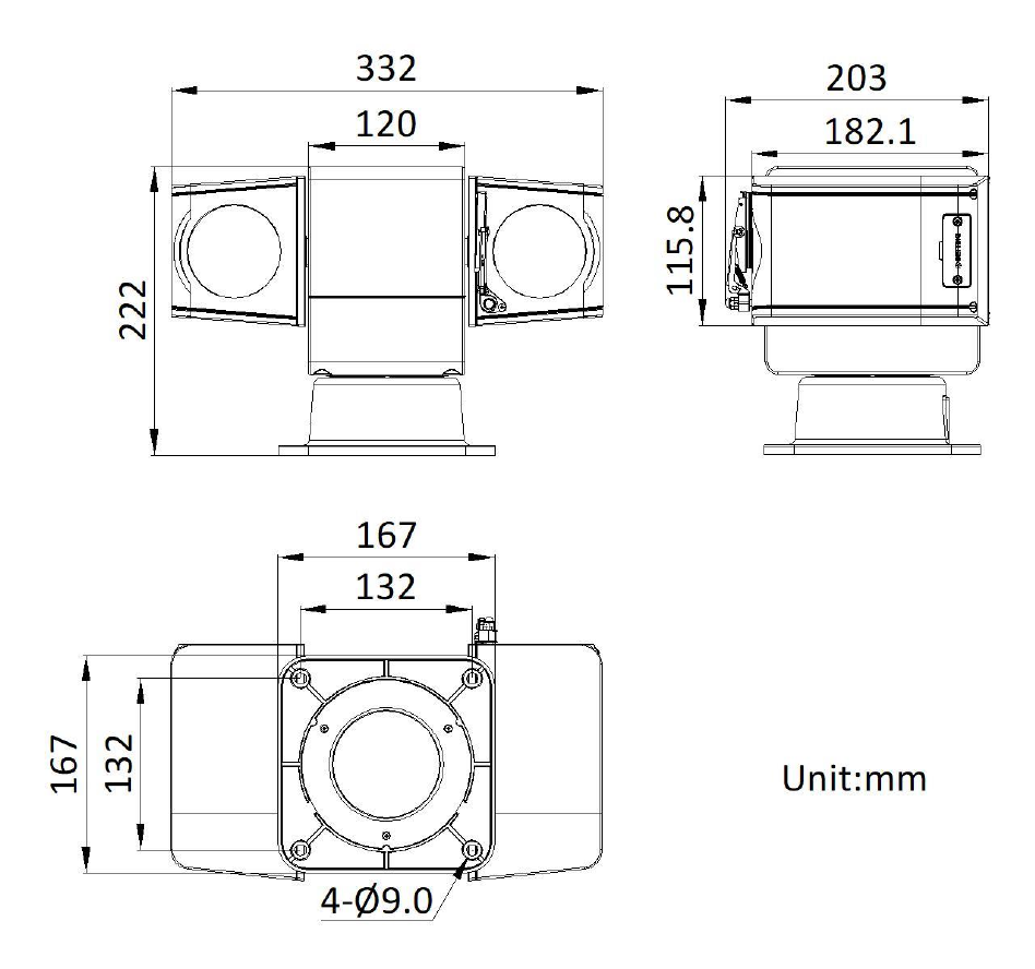 DS-2DY5425IXG-E 外形尺寸圖 Ø 332 mm × 203 mm × 222 mm (Ø 13.07" × 7.99" × 8.74")｜重量 Approx. 7.7 kg (16.98 lb.)｜Unit: mm