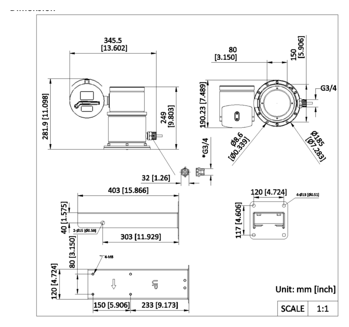 DS-2DY5425MXG0-CWEX316L 外形尺寸圖 345.5 mm × 190.3 mm × 281.9 mm (15.57" × 7.49" × 11.09")｜重量 Approx. 14.8 kg (32.64 lb.)｜Unit: mm