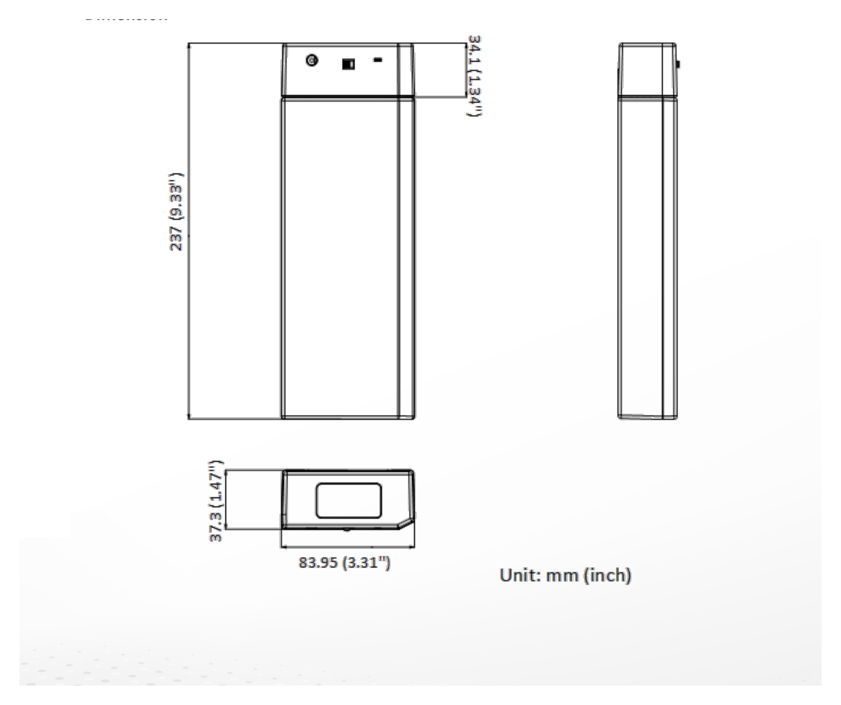 DS-2FSC09T-L 外形尺寸圖 237 mm × 83.95 mm × 37.3 mm (9.33" × 3.31" × 1.47")｜重量 Approx. 720 g (1.6 lb.)｜Unit: mm