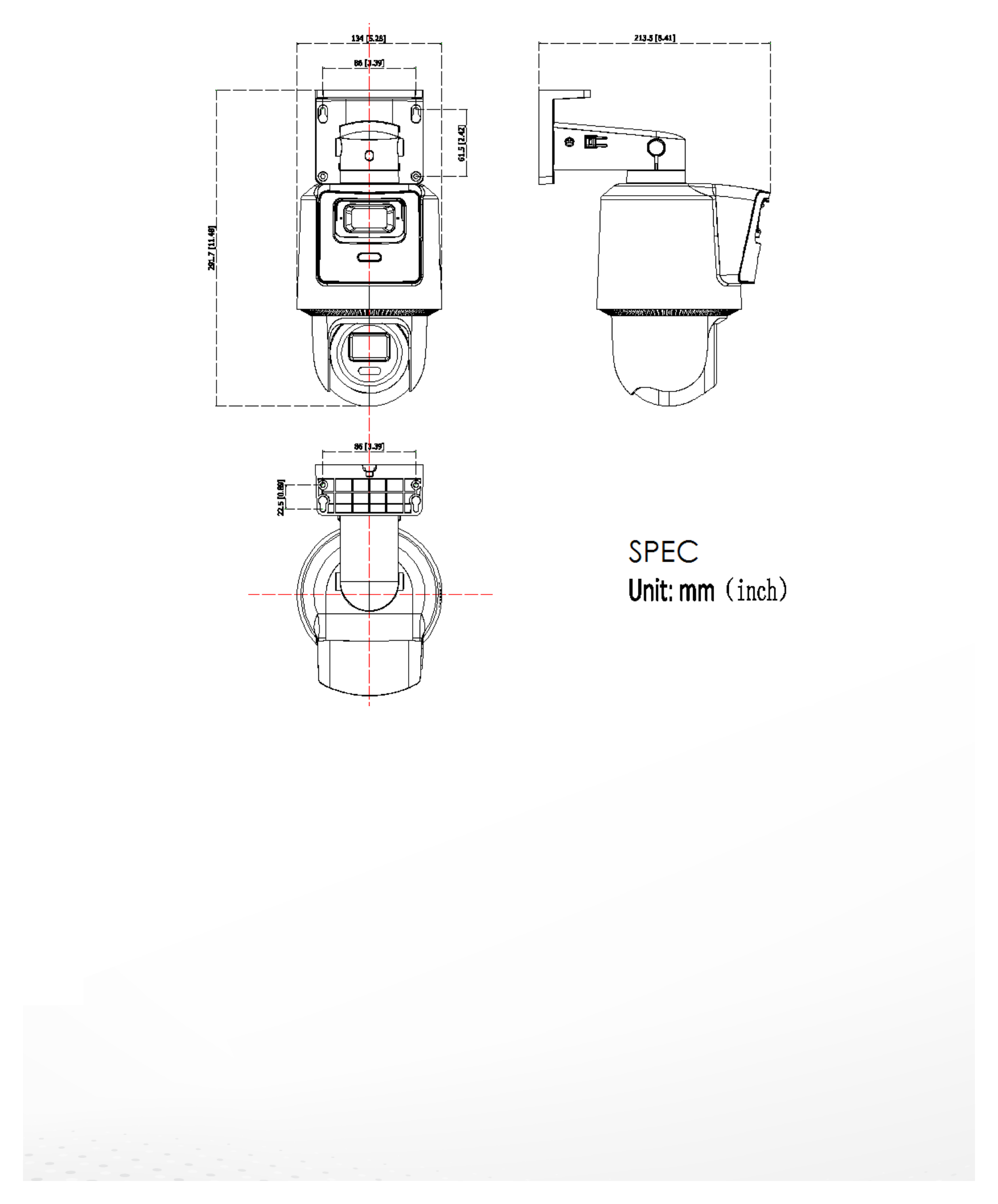 DS-2SE2C200MWG-E-12 外形尺寸圖 134 mm × 213.5 mm × 291.7 mm (5.3" × 8.4" × 11.5") Weight: 1000 g (2.2 lb.) Weight With Package Weight: 1500 g (3.3 lb.)