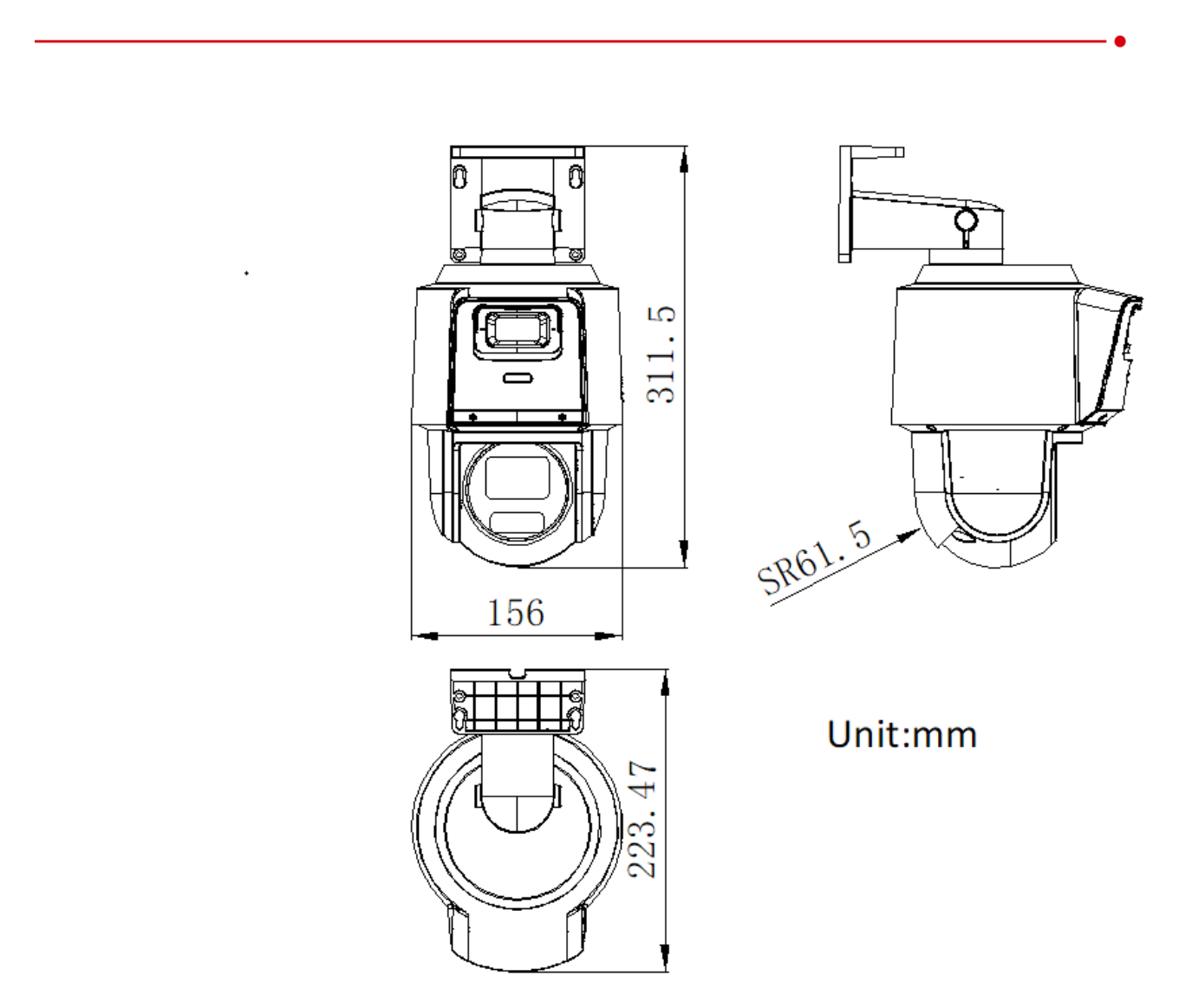 DS-2SE3C404MWG-E 外形尺寸圖 311.5 mm × 223.5 mm × 156 mm (12.26" × 8.80" × 6.14")｜重量 Approx. 1.37 kg (3.02 lb.)｜Unit: mm