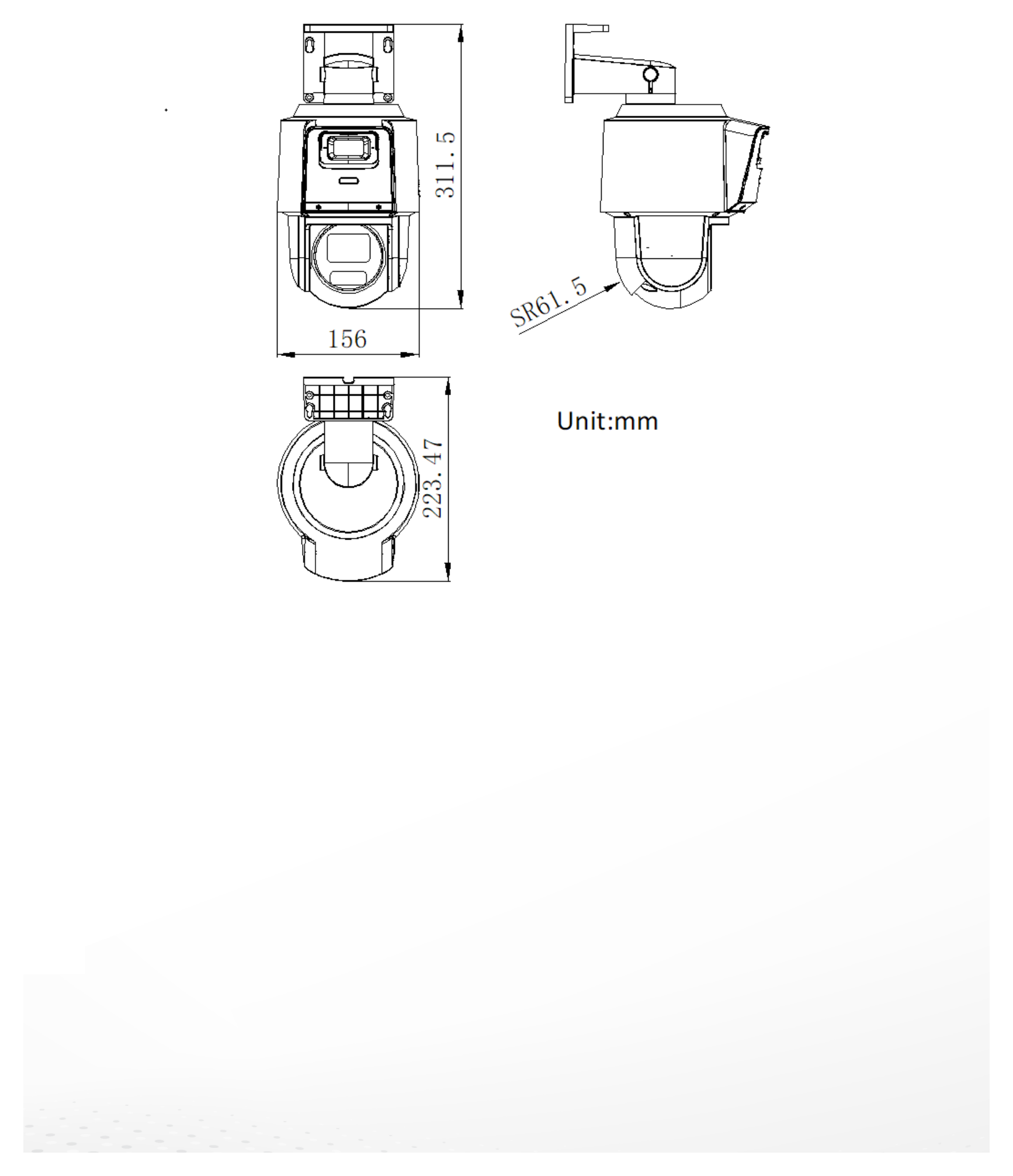 DS-2SE3C410MWG-E 外形尺寸圖 311.5 mm × 223.5 mm × 156 mm (12.26" × 8.80" × 6.14")｜重量 Approx. 1.37 kg (3.02 lb.)｜Unit: mm