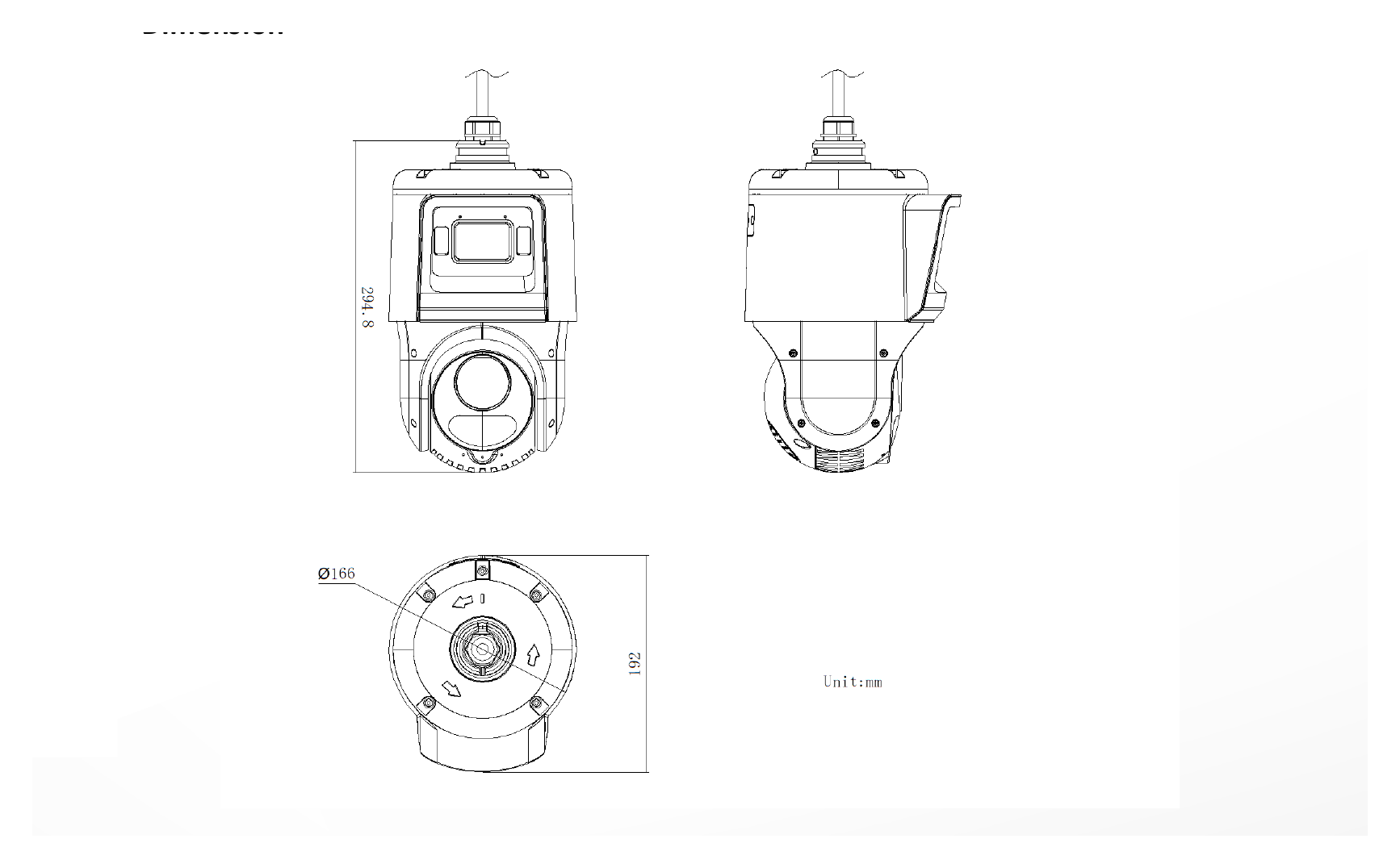 DS-2SE4C215MWG-E 外形尺寸圖 Ø 166 mm × 294.8 mm (Ø 6.5" × 11.6")｜重量 Approx. 3.0 kg (16.5 lb.)｜Unit: mm