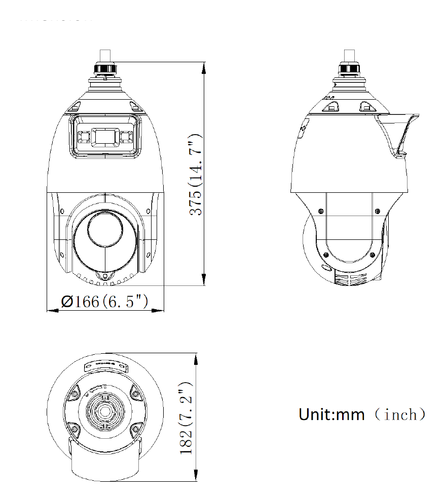 DS-2SE4C215MWG-E12F0 外形尺寸圖 Ø 166 mm × 375 mm (Ø 6.5" × 14.7")｜重量 Approx. 2.4 kg (13.2 lb.) IP66 (IEC 60529-2013),TVS 6000 V lightning protection, s