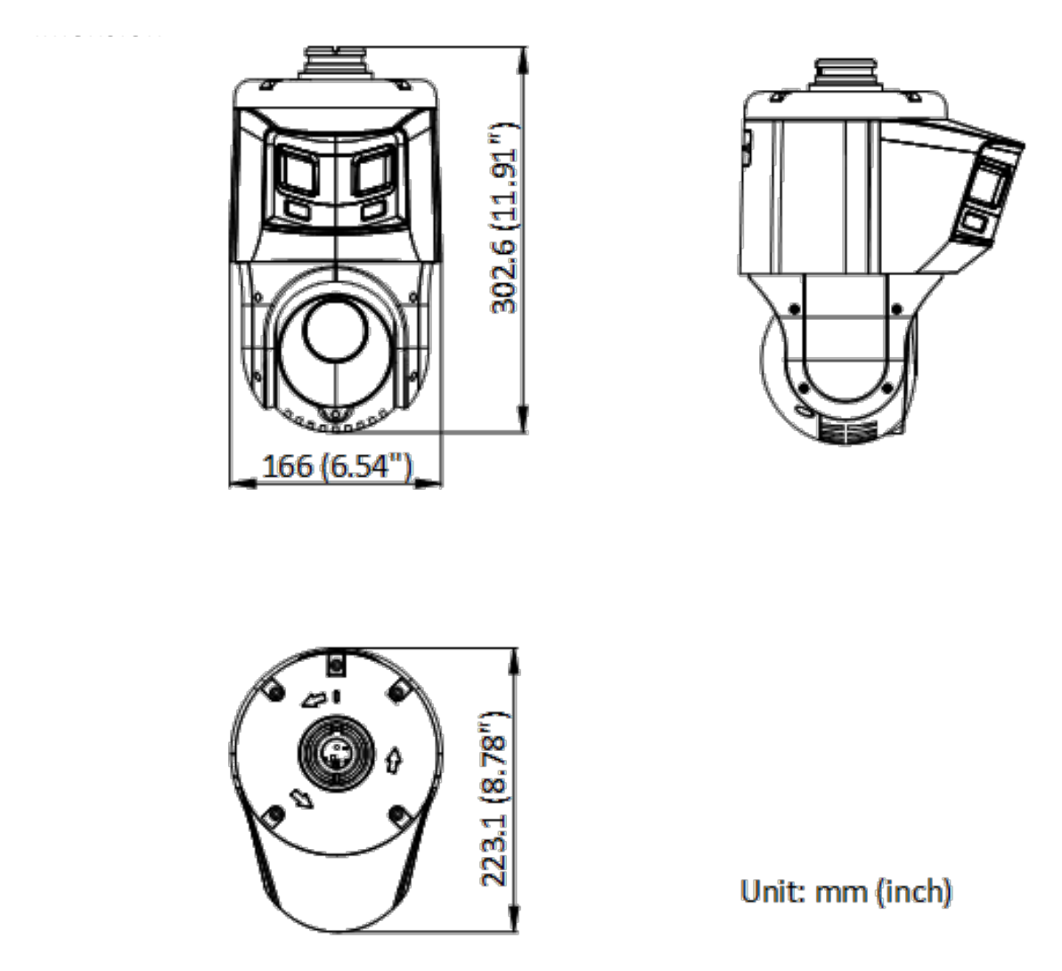 DS-2SE4C225MWG-E 外形尺寸圖 Ø 166 mm × 302.6 mm (Ø 6.5" × 11.9")｜重量 Approx. 2.4 kg (13.2 lb.) IP66 Standard, 6000 V Lightning Protection, Surge Prot