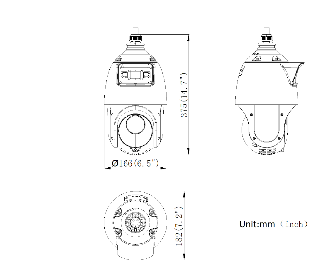 DS-2SE4C225MWG-E12F0 外形尺寸圖 Ø 166 mm × 375 mm (Ø 6.5" × 14.7")｜重量 Approx. 2.4 kg (13.2 lb.) IP66 Standard, 6000 V Lightning Protection, Surge Protec