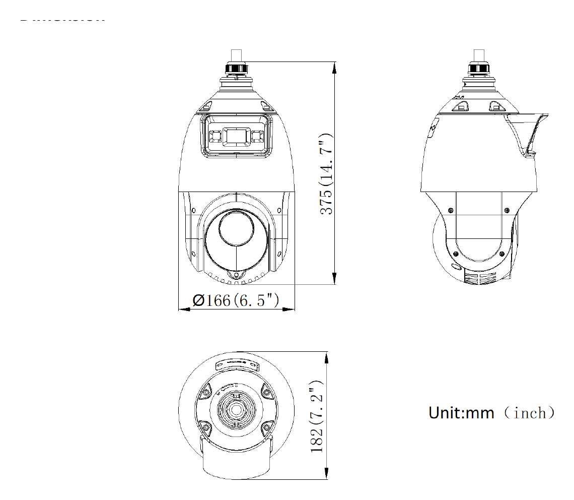 DS-2SE4C415MWG-E14F0 外形尺寸圖 Ø 166 mm × 375 mm (Ø 6.5" × 14.7")｜重量 Approx. 2.4kg (13.2 lb.) IP66 Standard, 6000 V Lightning Protection, Surge Protect