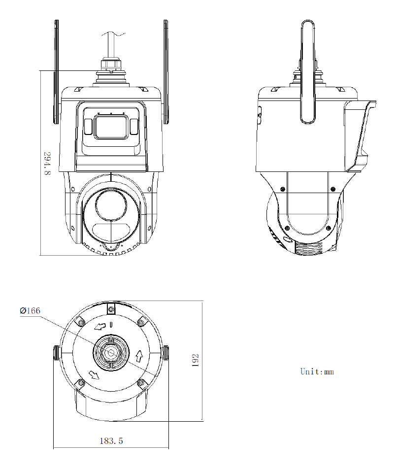 DS-2SE4C425MWG-4G 外形尺寸圖 Ø 166 mm × 294.8 mm (Ø 6.5" × 11.6")｜重量 Approx. 3.0 kg (16.5 lb.)｜Unit: mm