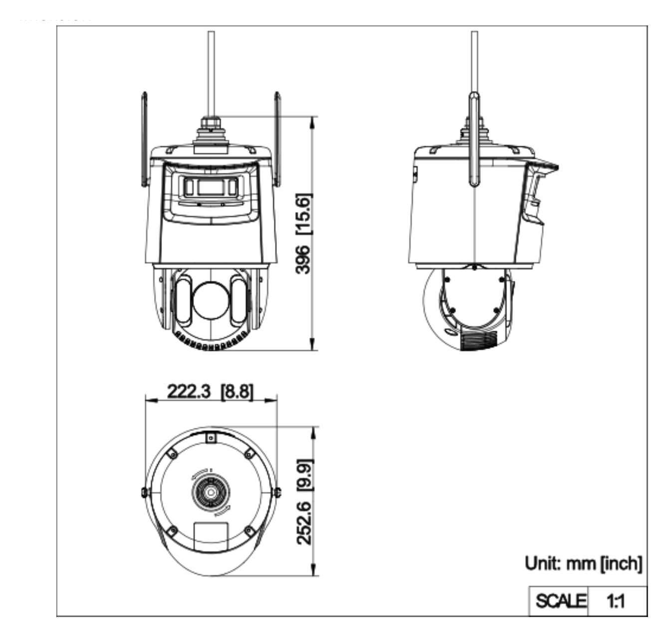 DS-2SE7C432IWG-4G 外形尺寸圖 Ø 220 mm × 382.1 mm (Ø 8.66" × 15.04")｜重量 Approx. 6 kg (13.23 lb.)｜Unit: mm