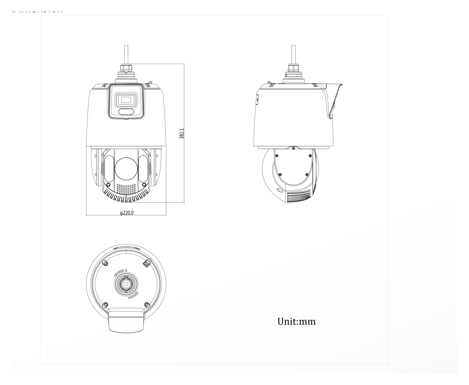 DS-2SE7C432MW-AEB14F1P3 外形尺寸圖 Ø 220 mm × 382.1 mm (Ø 8.66" × 15.04")｜重量 Approx. 6 kg (13.23 lb.)｜Unit: mm
