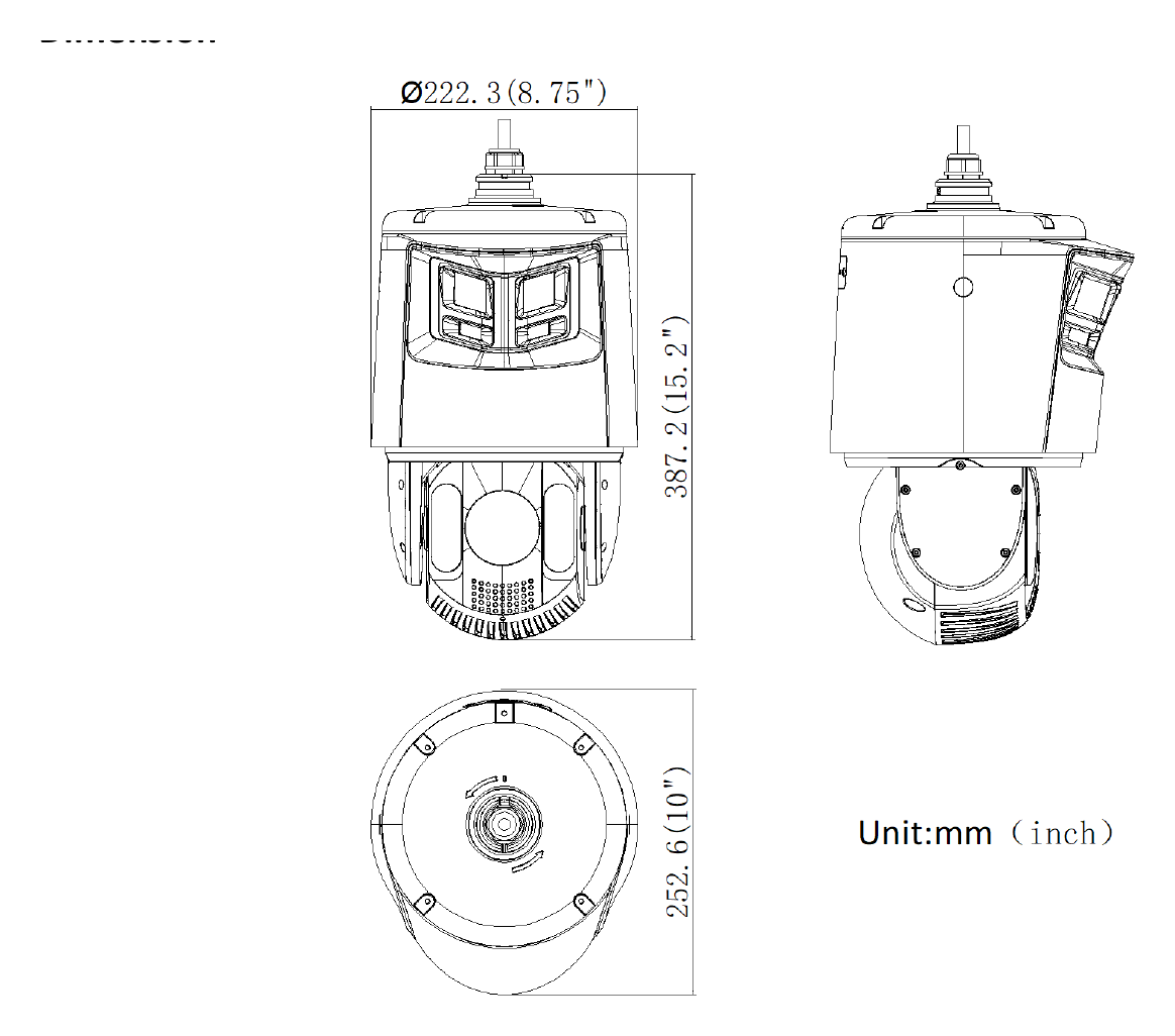 DS-2SE7C432MWG-EB 外形尺寸圖 Ø 222.3 mm × 387.2 mm (Ø 8.75" × 15.2")｜重量 Approx. 6 kg (13.23 lb.)｜Unit: mm