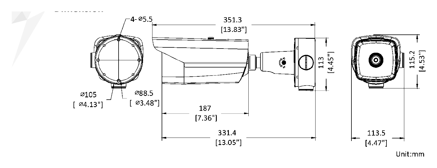 DS-2TD2137T-4 外形尺寸圖 351.3 mm × 113.5 mm × 115.2 mm (13.83" × 4.47" × 4.53")｜重量 Approx. 1.77 kg (3.90 lb)｜Unit: mm
