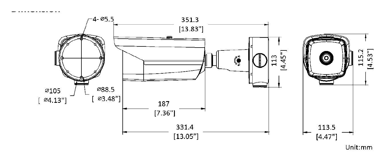 DS-2TD2137T-7 外形尺寸圖 351.3 mm × 113.5 mm × 115.2 mm (13.83" × 4.47" × 4.53")｜重量 Approx. 1.77 kg (3.90 lb)｜Unit: mm