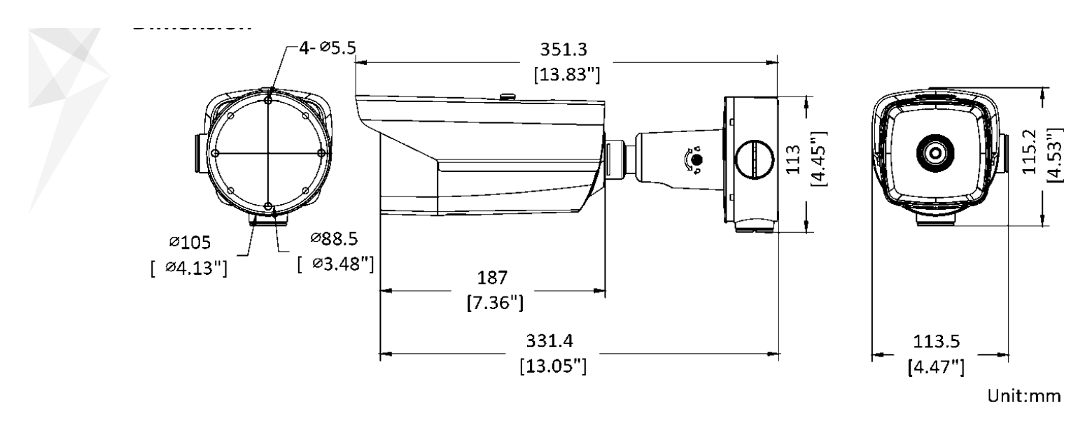 DS-2TD2138-10 外形尺寸圖 351.3 mm × 113.5 mm × 115.2 mm (13.83" × 4.47" × 4.53")｜重量 Approx. 1.77 kg (3.90 lb)｜Unit: mm