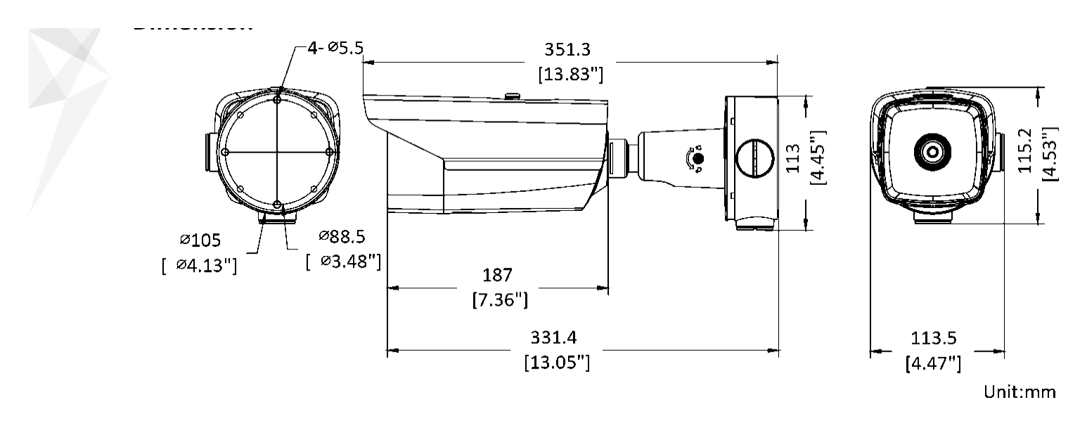 DS-2TD2138-7 外形尺寸圖 351.3 mm × 113.5 mm × 115.2 mm (13.83" × 4.47" × 4.53")｜重量 Approx. 1.77 kg (3.90 lb)｜Unit: mm