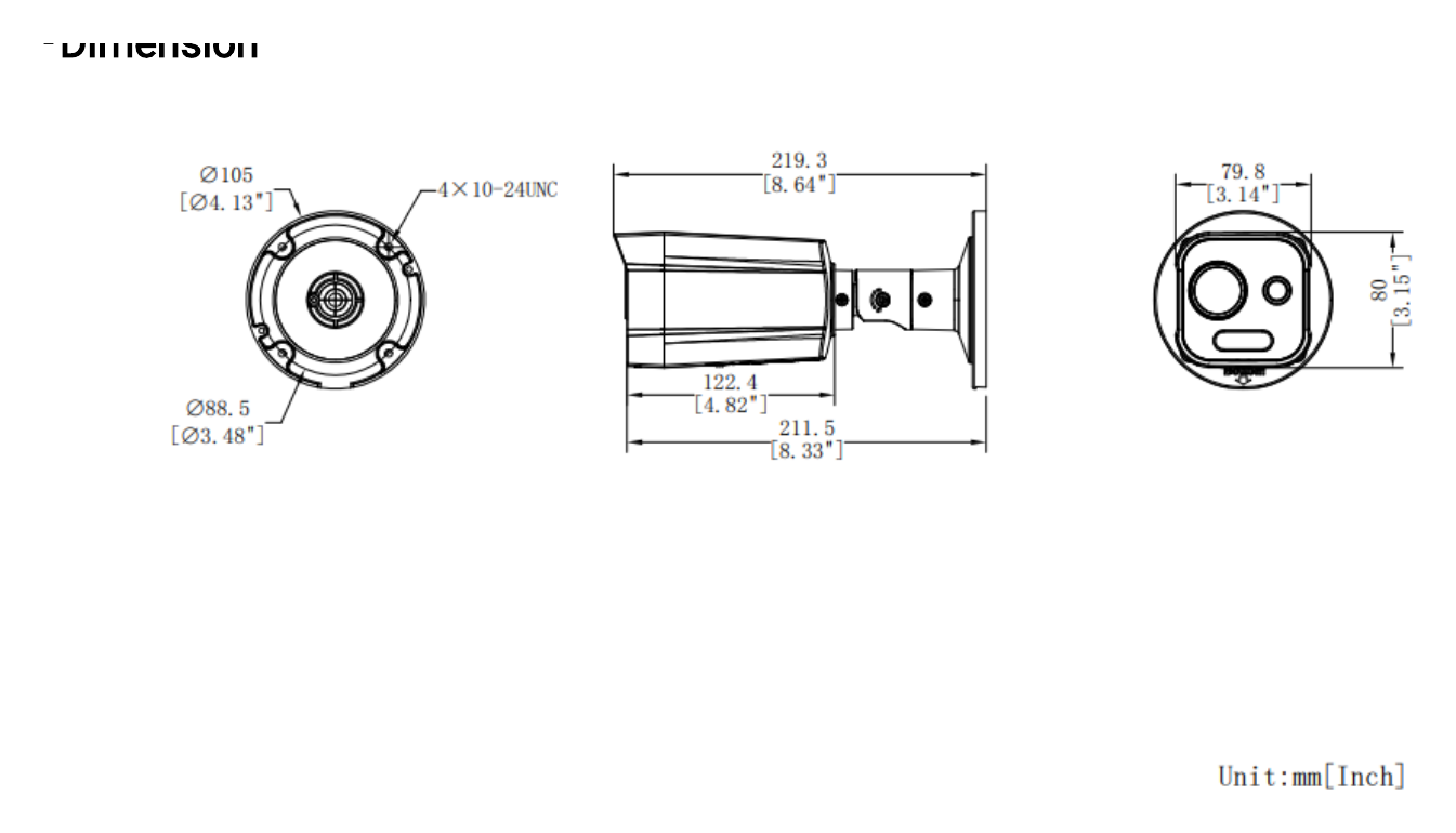 DS-2TD2608-1 外形尺寸圖 211.5 mm × 105 mm × 105 mm (8.32" × 4.13" × 4.13")｜重量 869.2 g (1.92 lb) Range Table｜Unit: mm