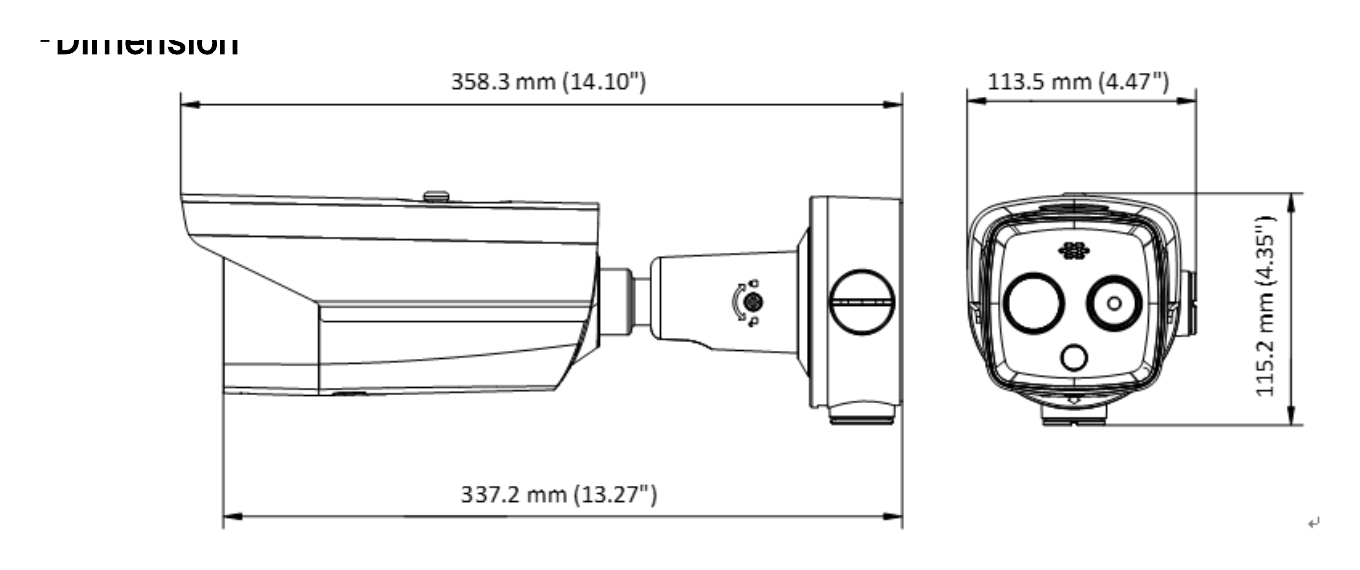 DS-2TD2617-6 外形尺寸圖 358.3 mm × 113.5 mm × 115.2 mm (14.10" × 4.47" × 4.35")｜重量 Approx. 1.76 kg (3.88 lb) Range Table｜Unit: mm