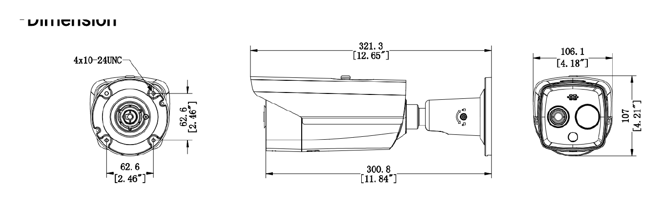 DS-2TD2628-10 外形尺寸圖 321.3 mm × 106.1 mm × 107.0 mm (12.65" × 4.18" × 4.21")｜重量 1550 g (3.41 lb) Range Table｜Unit: mm