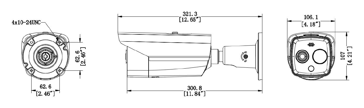 DS-2TD2628T-3 外形尺寸圖 321.3 mm × 106.1 mm × 107.0 mm (12.65" × 4.18" × 4.21")｜重量 1550 g (3.41 lb) CE-EMC (EN 55032: 2015, EN 61000-3-2:2019, E
