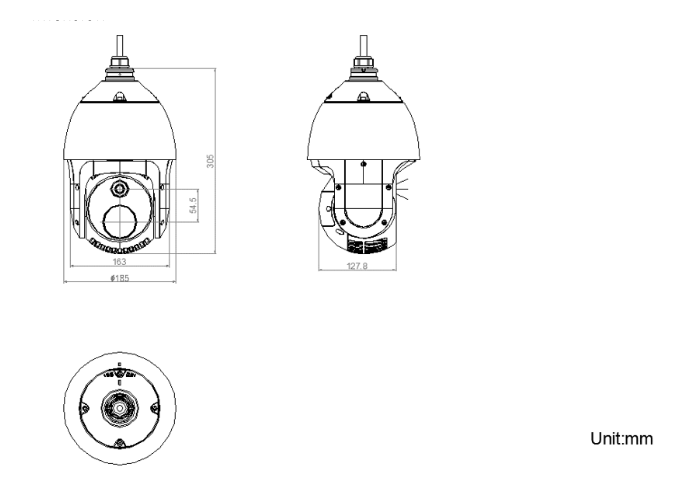 DS-2TD4237-25 外形尺寸圖 305 mm × 185 mm × 163 mm (12.01 " × 7.28" × 6.42 ")｜重量 Approx. 3.9Kg (8.6lb)｜Unit: mm