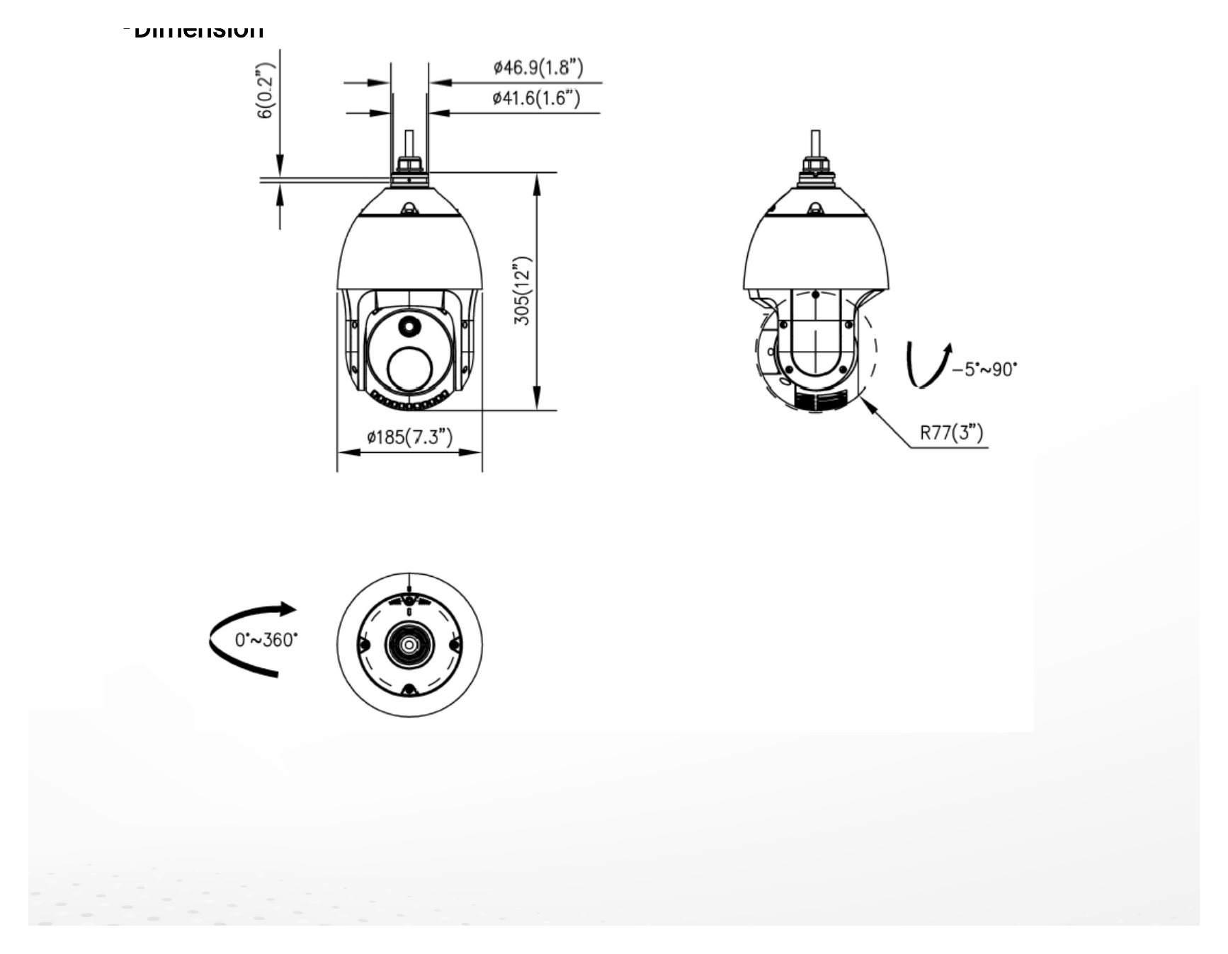 DS-2TD4238-7 外形尺寸圖 305 mm × 185 mm × 163 mm (12.01 " × 7.28 " × 6.42 ")｜重量 Approx. 3.9Kg (8.6lb) Detection Range Table｜Unit: mm