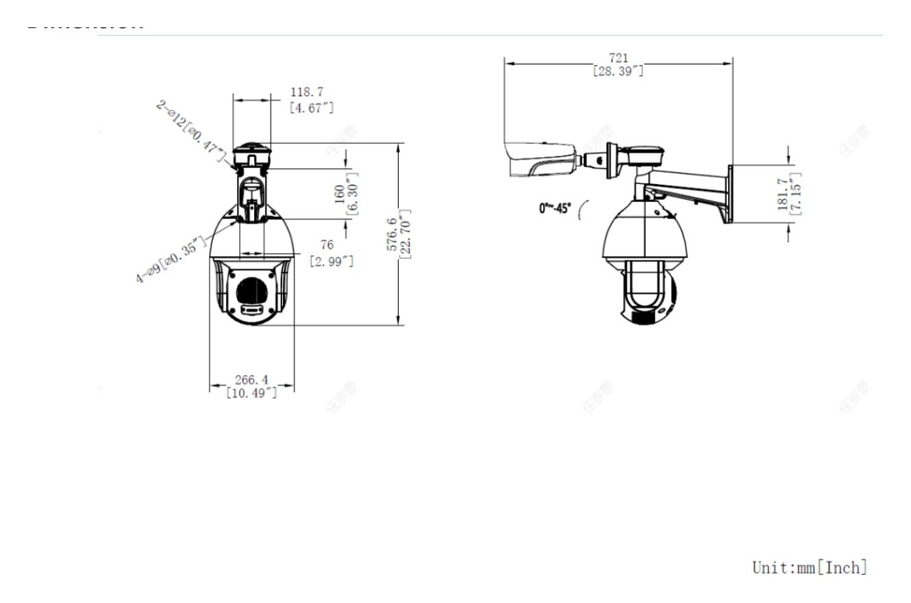 DS-2TX3742-25A 外形尺寸圖 266.4 mm ×721 mm × 576.6 mm (10.5" × 28.4" × 22.7")｜重量 11.8 kg (Approx. 26.0 lb) Range Table｜Unit: mm