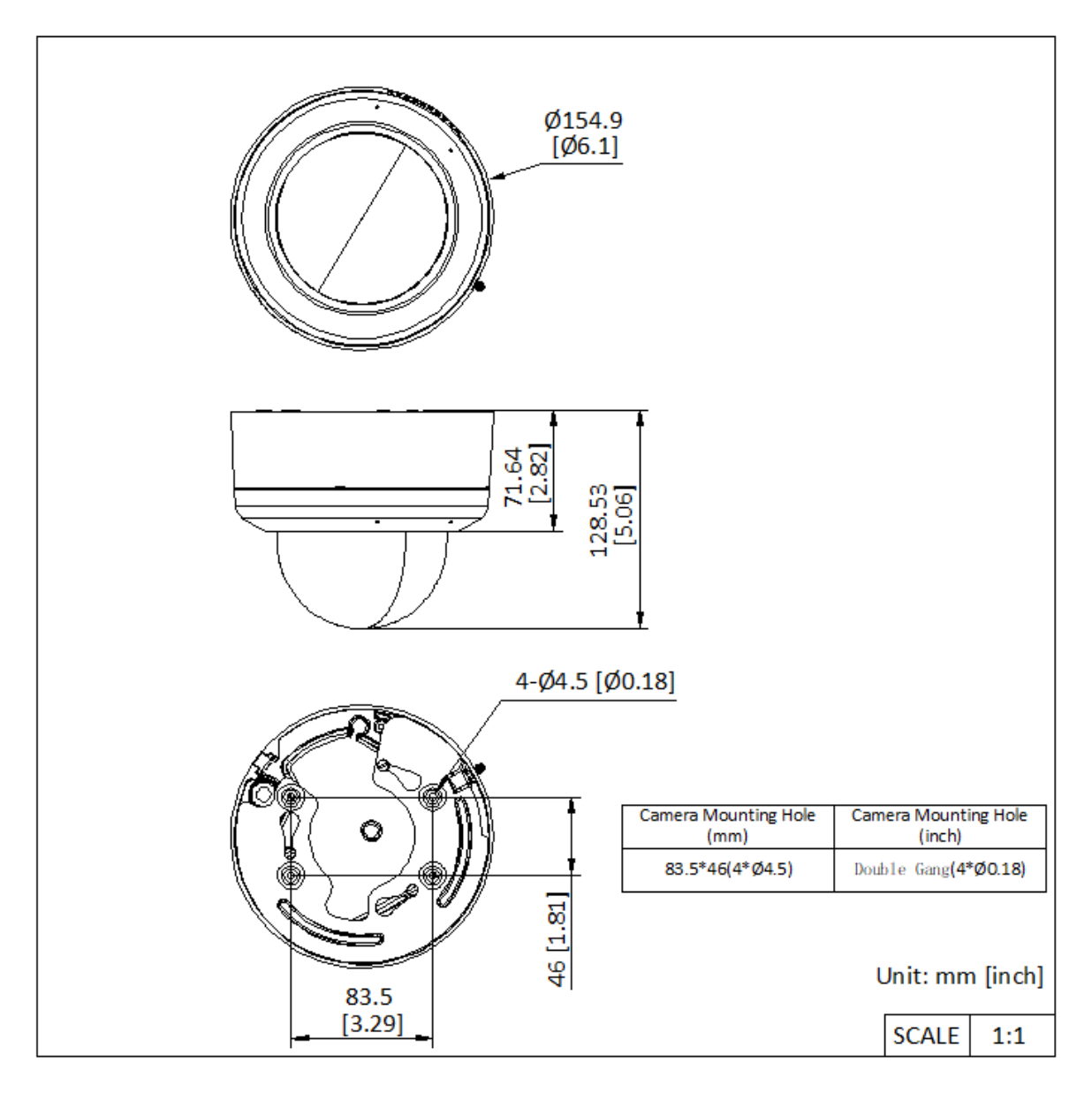 DS-2XC3146G0H-LISU 外形尺寸圖 Ø 154.9 mm × 128.53 mm (Ø 6.10" × 5.06")｜重量 Approx. 1280 g (2.8 lb.)｜Unit: mm