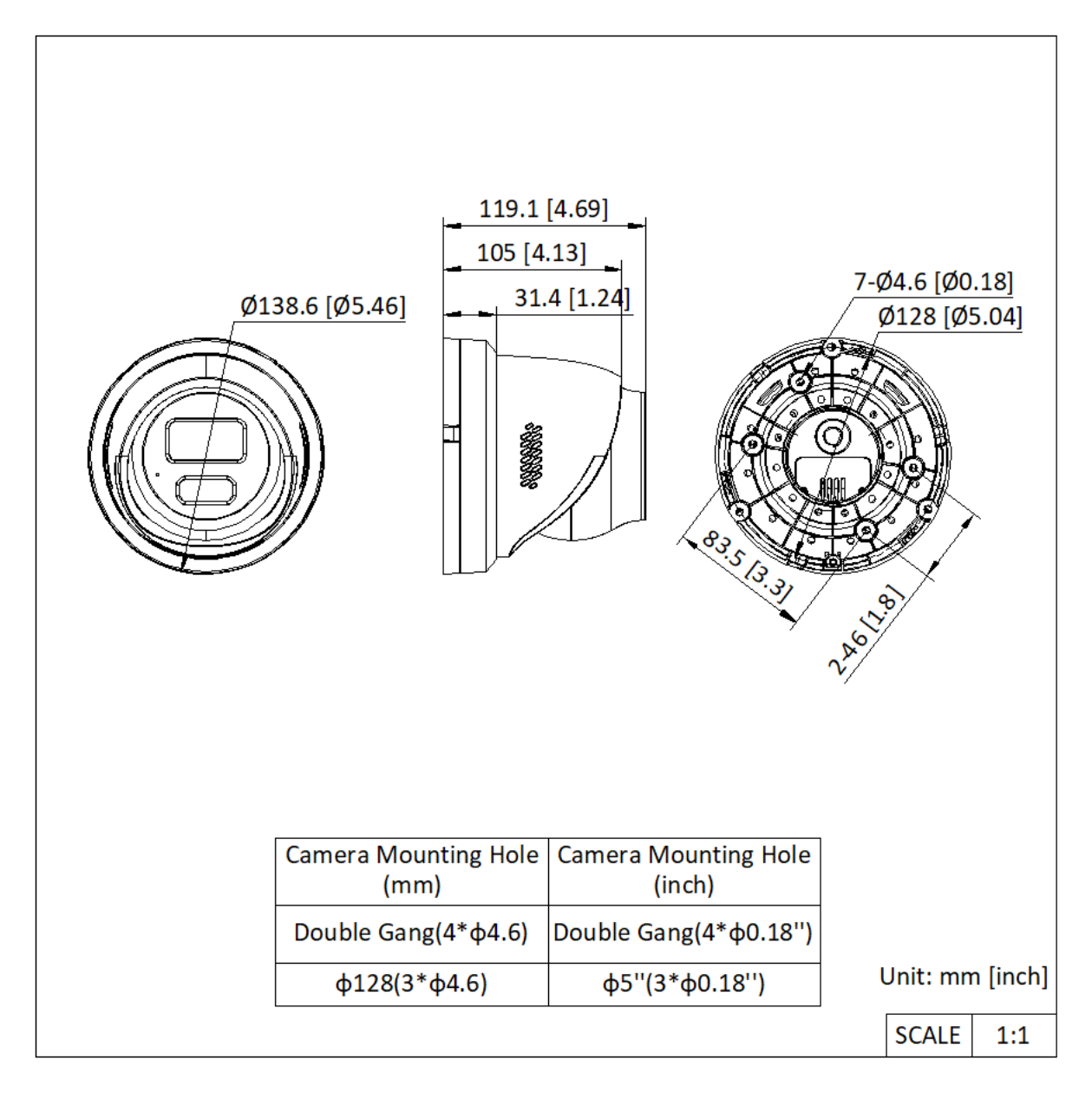 DS-2XC3346G0H-LIS-PA 外形尺寸圖 138.63 mm × 138.63 mm × 132.74 mm (5.46" × 5.46" × 5.23")｜重量 Approx. 670 g (1.48 lb.)｜Unit: mm