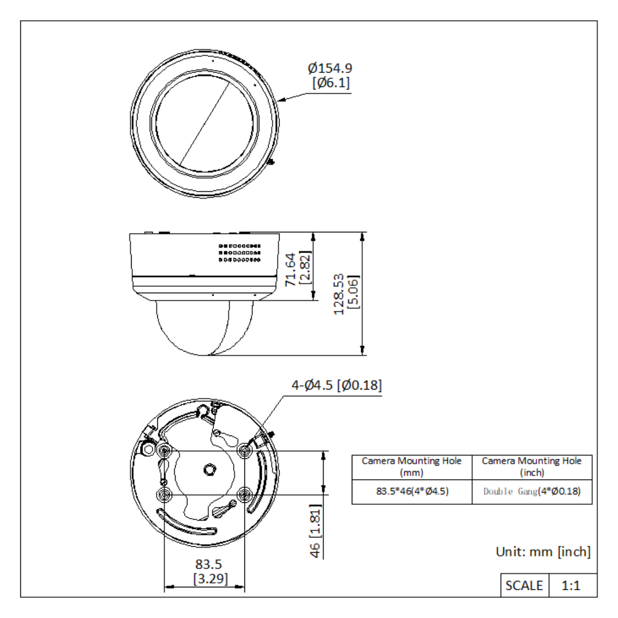 DS-2XC3786G0H-LIZSU 外形尺寸圖 Ø 154.9 mm × 128.53 mm (Ø 6.10" × 5.06")｜重量 Approx. 1280 g (2.8 lb.)｜Unit: mm