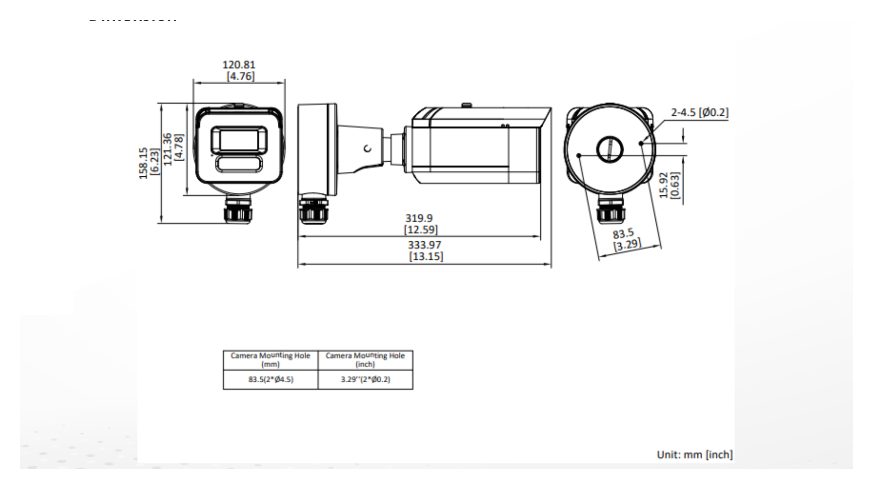 DS-2XC3T86G0H-LISUPA 外形尺寸圖 294.27 mm × 120.8 mm × 121.36 mm (11.59" × 4.76" × 4.77")｜重量 Approx. 1480 g (3.26 lb.)｜Unit: mm