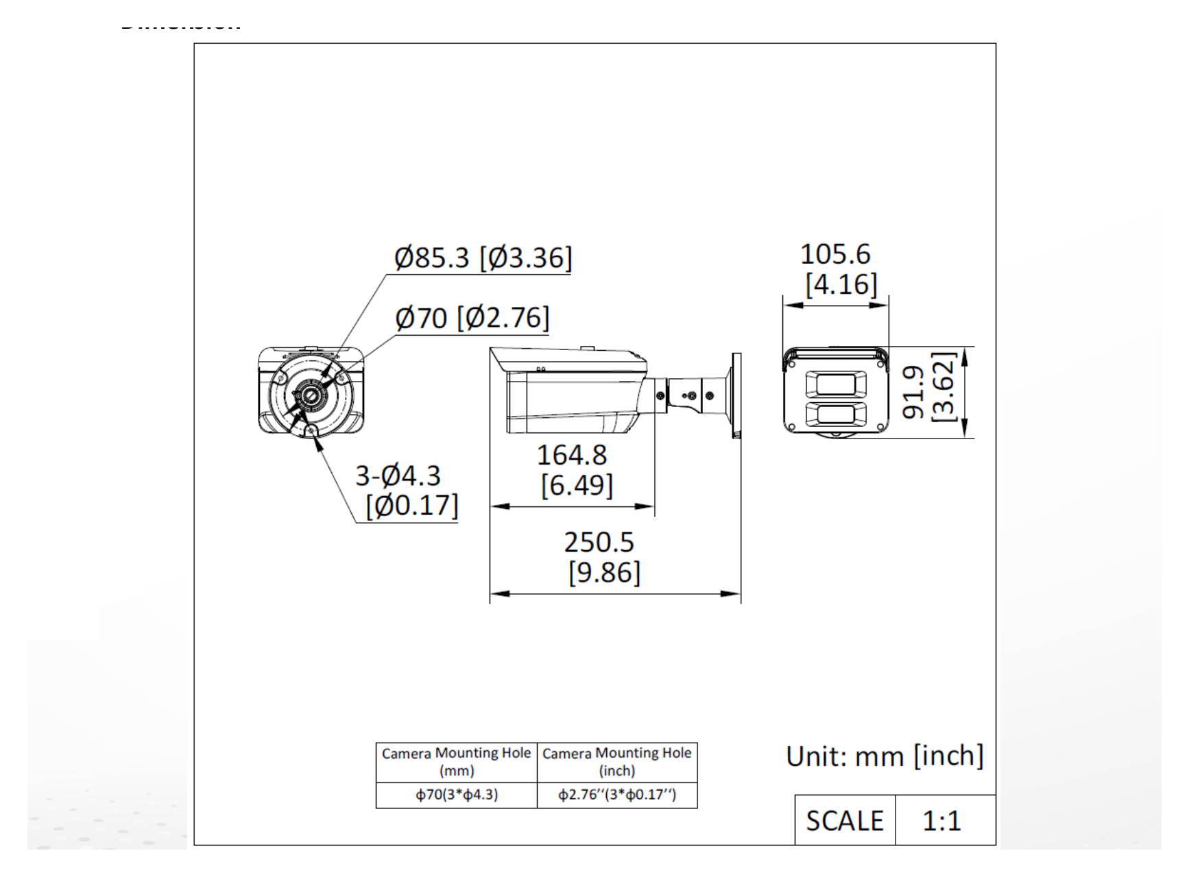 DS-2XC6027G0-LSPA 外形尺寸圖 250.5 mm × 105.6 mm × 91.9 mm (9.86" × 4.16" × 3.62")｜重量 Appox. 0.76 kg (1.68 lb.)｜Unit: mm