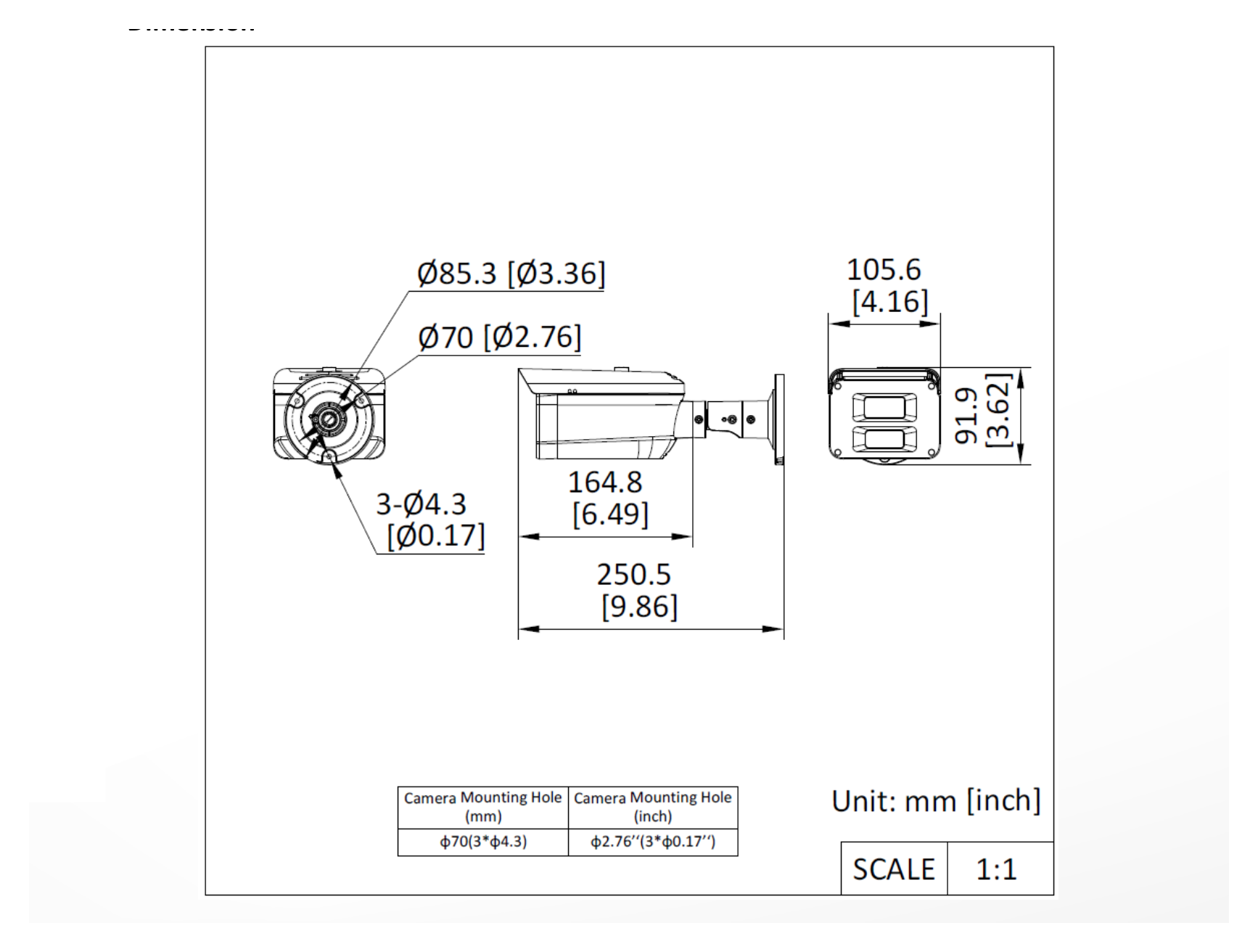 DS-2XC6047G0-LSPA 外形尺寸圖 250.5 mm × 105.6 mm × 91.9 mm (9.86" × 4.16" × 3.62")｜重量 Appox. 0.76 kg (1.68 lb.)｜Unit: mm