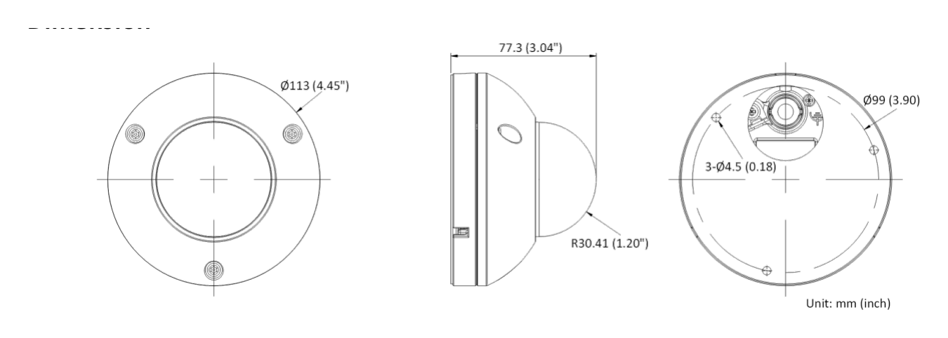 DS-2XC6142FWD-ISC 外形尺寸圖 Ø 113 mm × 77.3 mm (4.45" × 3.04")｜重量 Approx. 1500 g (3.3 lb.)｜Unit: mm