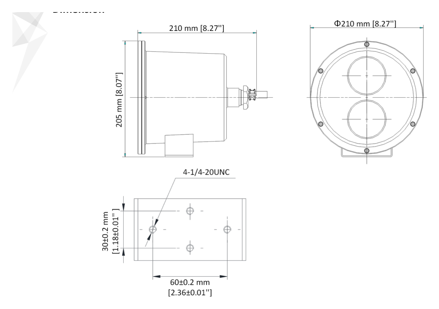 DS-2XC6245G0-L 外形尺寸圖 210 mm × 210 mm × 205 mm (8.3" × 8.3" × 8.1")｜重量 Approx. 12 kg (26.45 lb.)｜Unit: mm