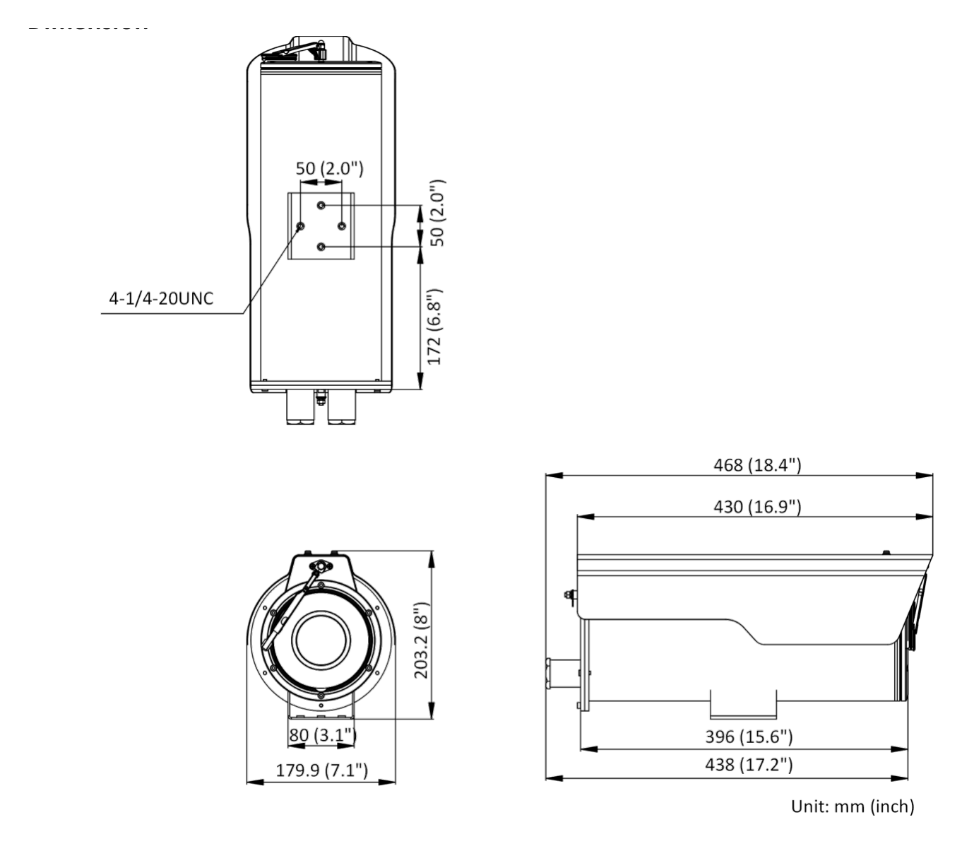 DS-2XC6685G0D 外形尺寸圖 179.9 mm × 203.2 mm × 468 mm (7.1" × 8" × 18.4")｜重量 Approx. 9.07 kg (20.0 lb.)｜Unit: mm