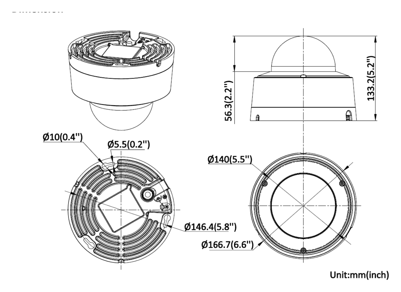 DS-2XC6745G0-IZHS 外形尺寸圖 Ø 166.7 mm × 133.2 mm (Ø 6.6" × 5.2")｜重量 Approx. 3995 g (8.8 lb.)｜Unit: mm