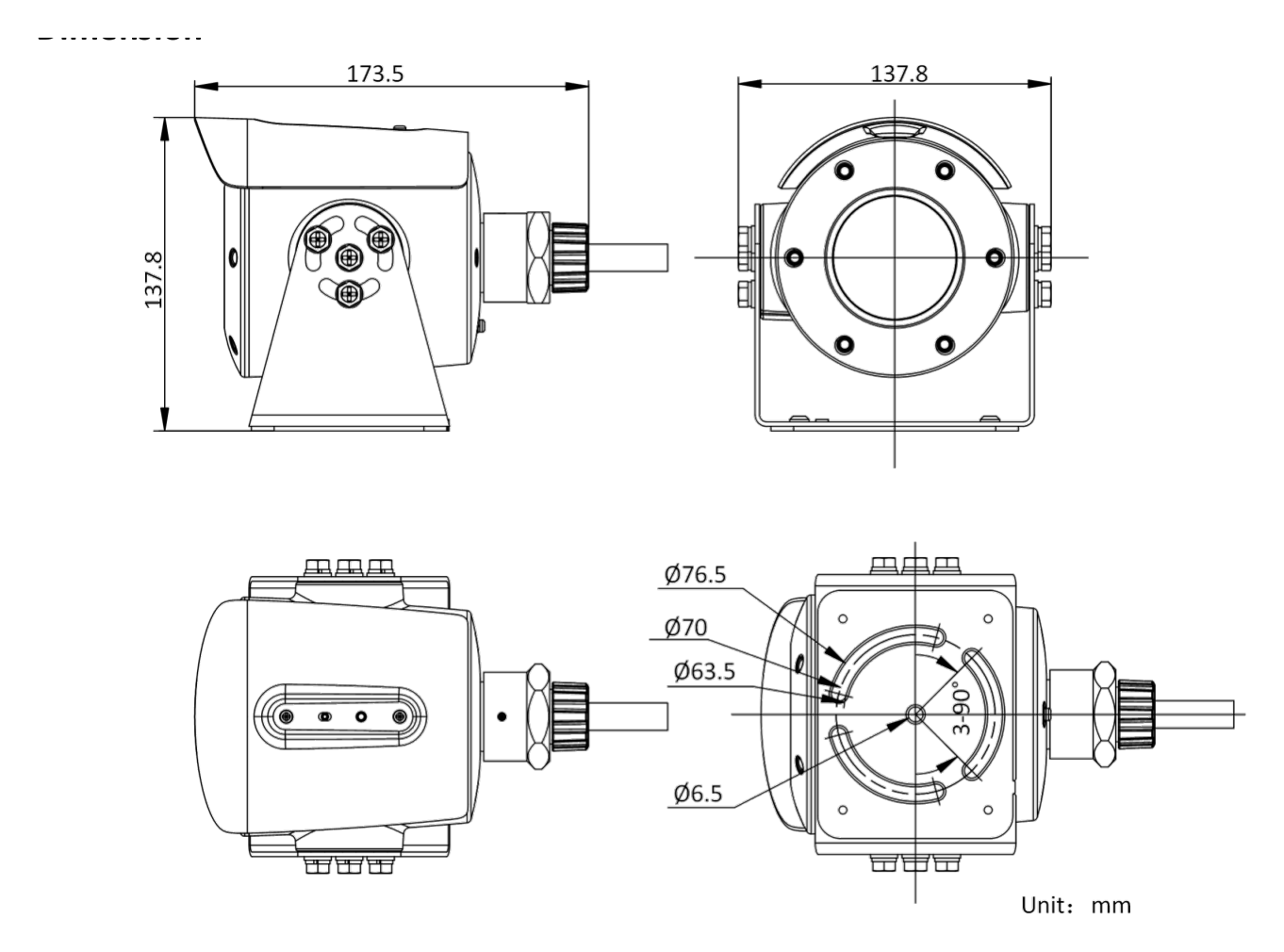 DS-2XE6025G0-IB 外形尺寸圖 173.5 mm × 137.8 mm × 137.8 mm (6.8" × 5.4" × 5.4")｜重量 Approx. 2.04 kg (4.5 lb.)｜Unit: mm