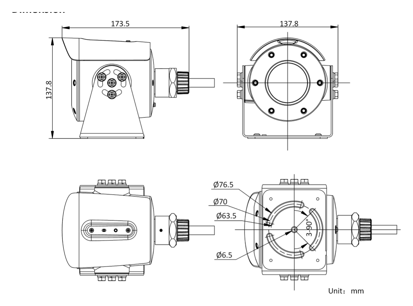 DS-2XE6045G0-IB 外形尺寸圖 173.5 mm × 137.8 mm × 137.8 mm (6.8" × 5.4" × 5.4")｜重量 Approx. 2.04 kg (4.5 lb.)｜Unit: mm