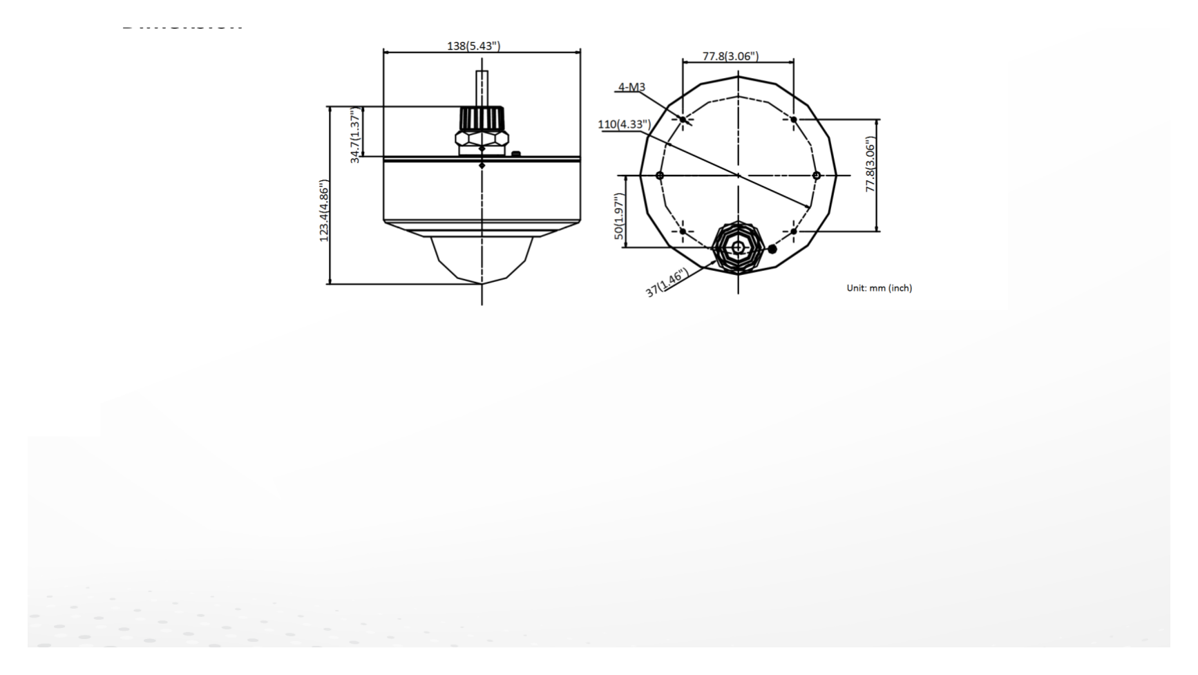 DS-2XE6145G0-HS 外形尺寸圖 Ø 138 mm × 123.4 mm (Ø 5.43" × 4.86")｜重量 Approx. 2810 g (6.2 lb.)｜Unit: mm