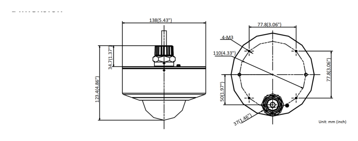 DS-2XE6146F-HS-C 外形尺寸圖 Ø 138 mm × 123.4 mm (Ø 5.43" × 4.86")｜重量 Approx. 2810 g (6.2 lb.)｜Unit: mm