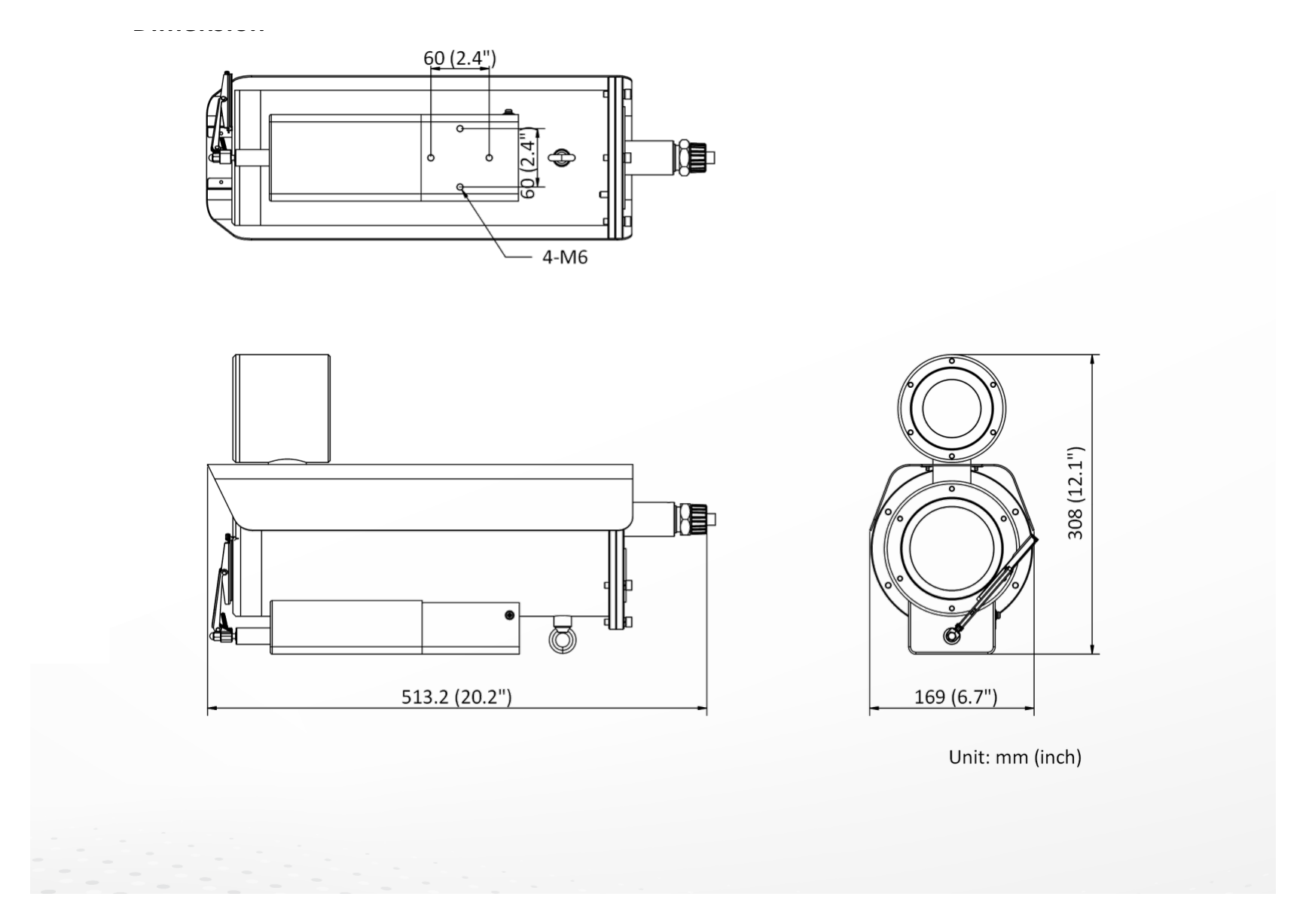 DS-2XE6422FWD-IZHRSD 外形尺寸圖 513.2 mm × 169 mm × 308 mm (20.2" × 6.65" × 12.13")｜重量 Approx. 17.32 kg (38.18 lb.)｜Unit: mm