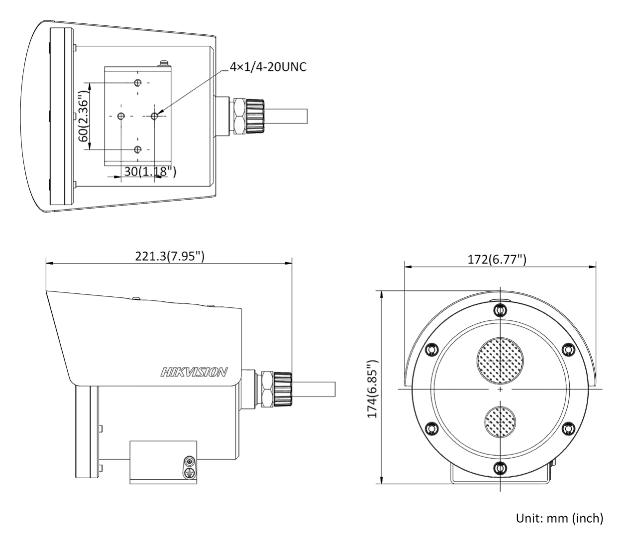 DS-2XE6445G0-IZS-304 外形尺寸圖 221 mm × 174 mm × 172 mm (8.0"× 6.9" × 6.8")｜重量 Approx. 5.21 kg (11.49 lb.)｜Unit: mm