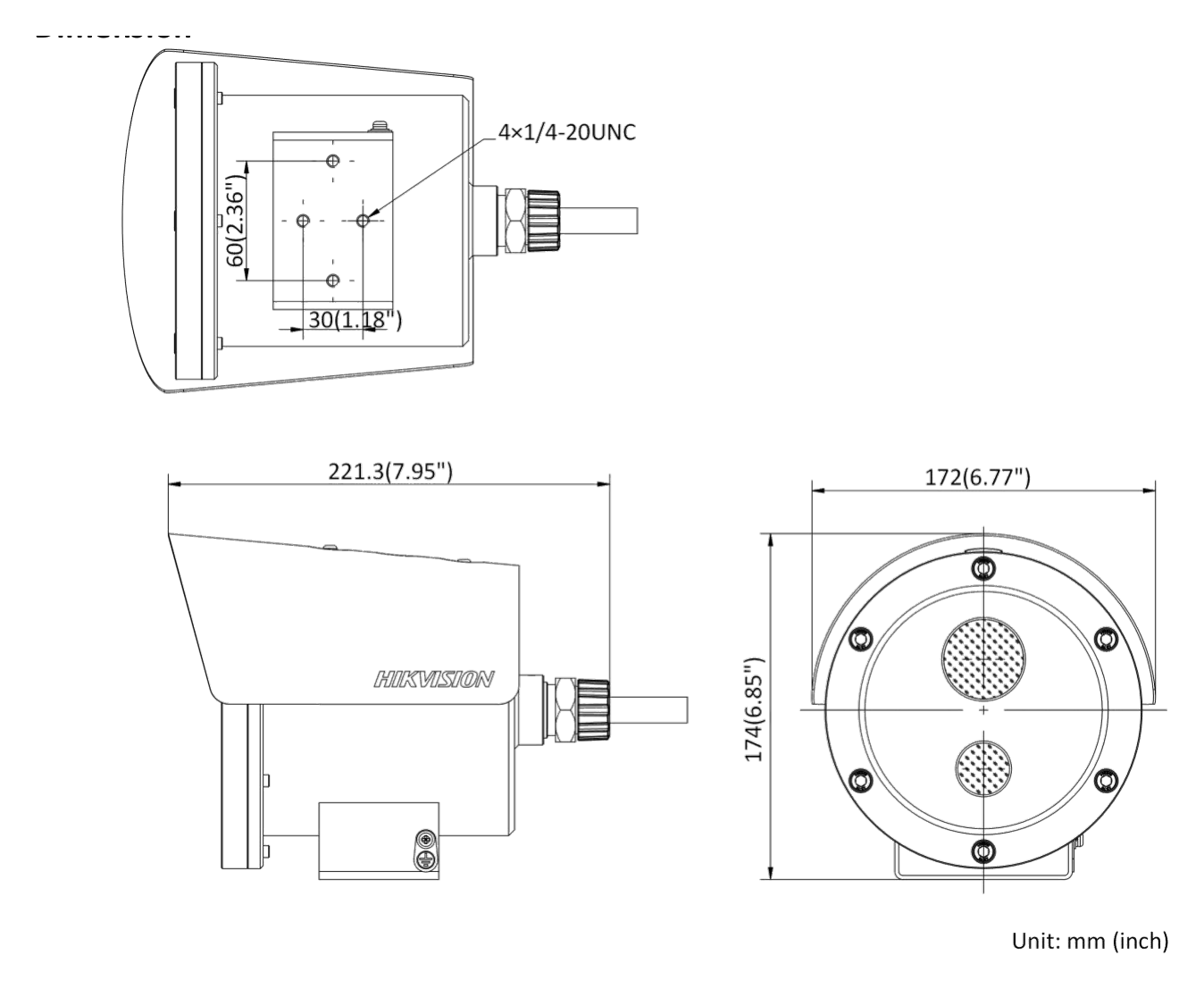 DS-2XE6445G0-IZS 外形尺寸圖 221 mm × 174 mm × 172 mm (8.0"× 6.9" × 6.8")｜重量 Approx. 5.21 kg (11.49 lb.)｜Unit: mm