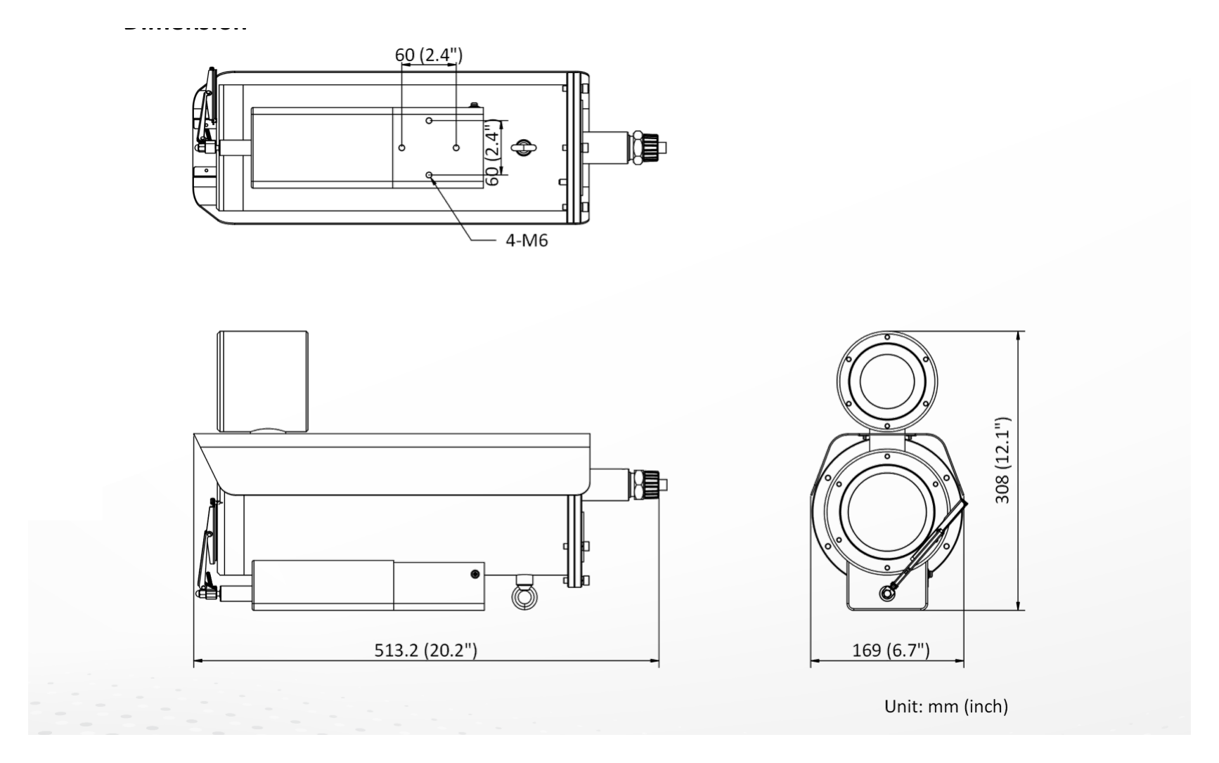 DS-2XE6482F-IZHRSD 外形尺寸圖 513.2 mm × 169 mm × 308 mm (20.2" × 6.65" × 12.13")｜重量 Approx. 17.42 kg (38.40 lb.)｜Unit: mm