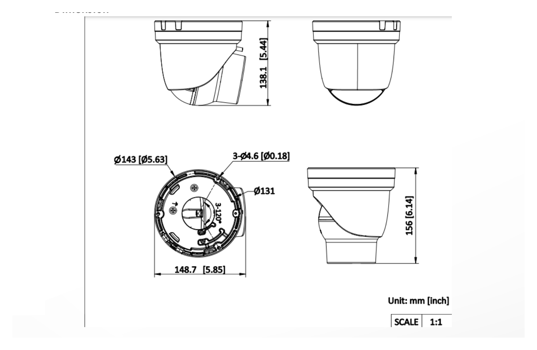 DS-2XE6585FWD-DXS 外形尺寸圖 148.7 mm × 143 mm × 156 mm (5.85" × 5.63" × 6.14")｜重量 Approx. 1.83 kg (4.03 lb.)｜Unit: mm