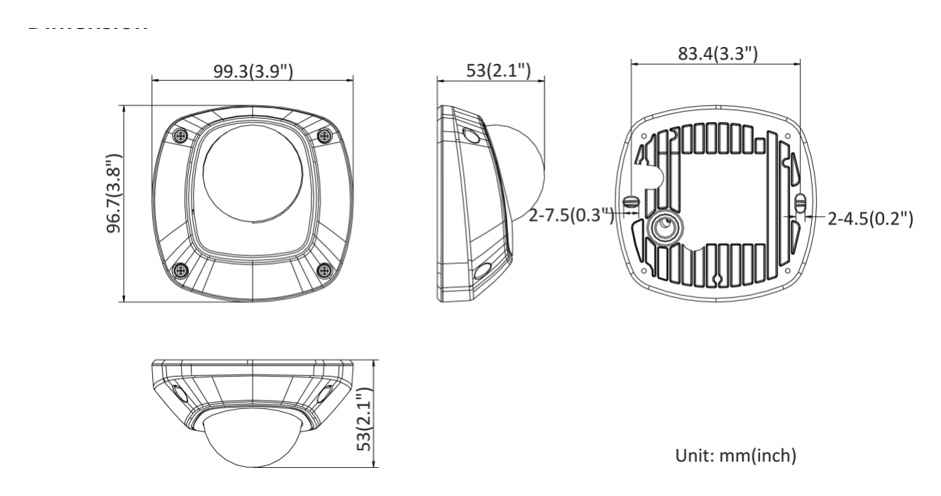 DS-2XM6112G0-I 外形尺寸圖 99.3 × 96.7 × 52.8 mm (3.9ʺ × 3.8ʺ × 2.1ʺ)｜重量 430 g (0.9 lb.)｜Unit: mm
