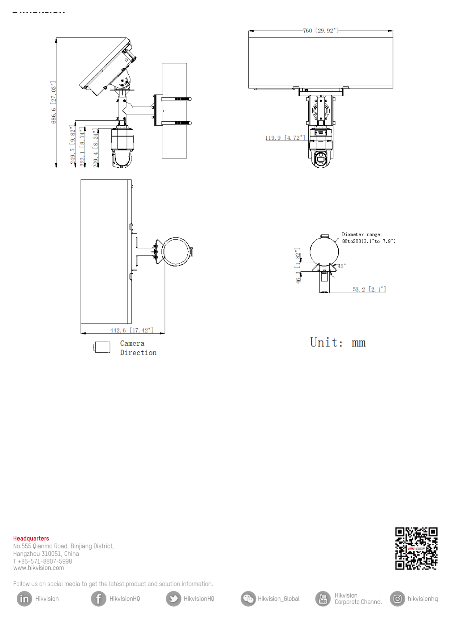 DS-2XS3Q47G1-LD 外形尺寸圖 686.6mm × 442.6mm × 760 mm (27.03" × 17.42" × 29.9")｜重量 Approx. 11.90 kg (26.2 lb.)｜Unit: mm