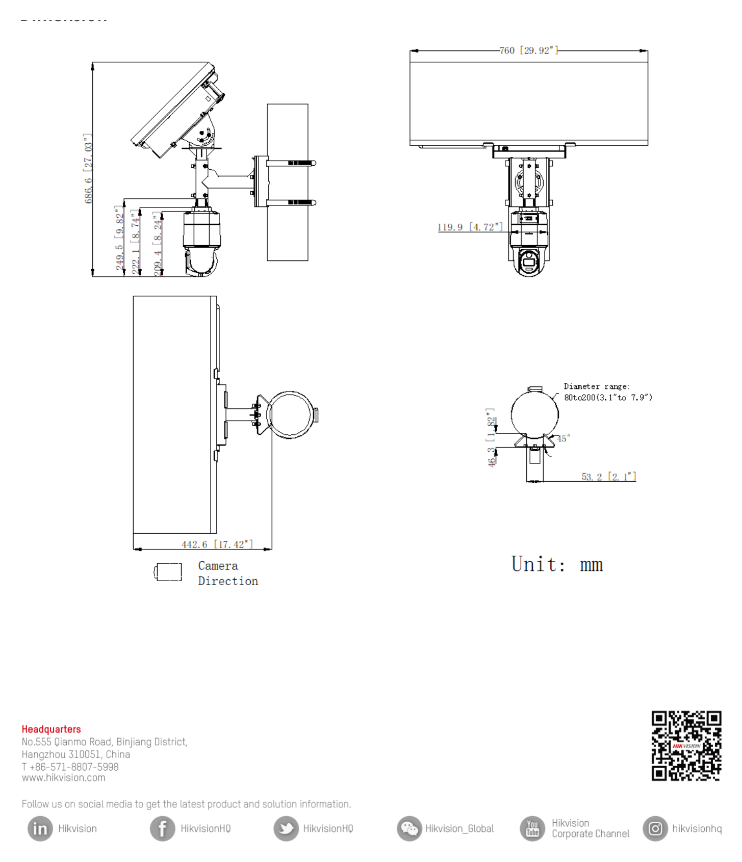 DS-2XS3Q47G1-LDH 外形尺寸圖 686.6mm × 442.6mm × 760 mm (27.03" × 17.42" × 29.9")｜重量 Approx. 11.70 kg (25.8 lb.)｜Unit: mm