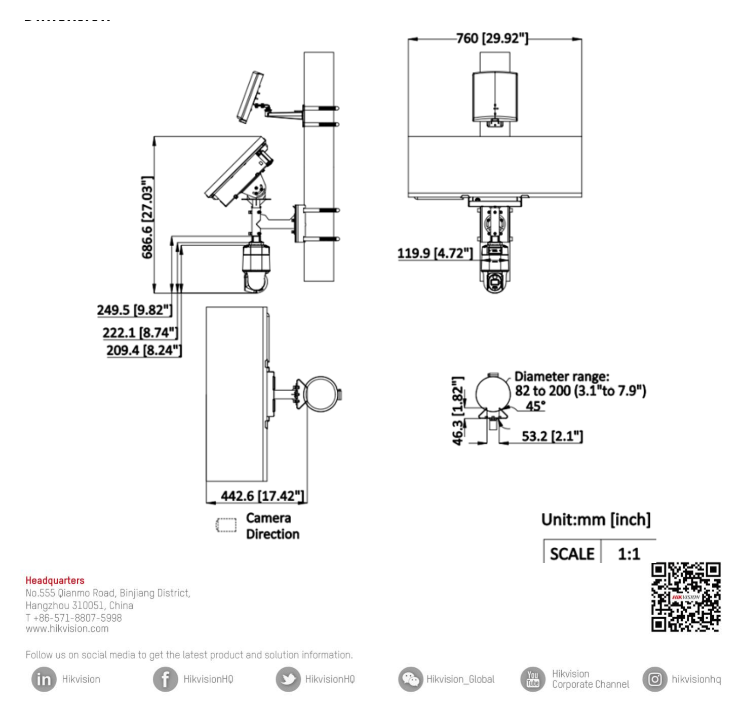 DS-2XS3Q47G1-LDWH 外形尺寸圖 686.6 mm × 442.6 mm × 760 mm (27.03" × 17.42" × 29.92")｜重量 Approx. 13.30 kg (29.3 lb.)｜Unit: mm
