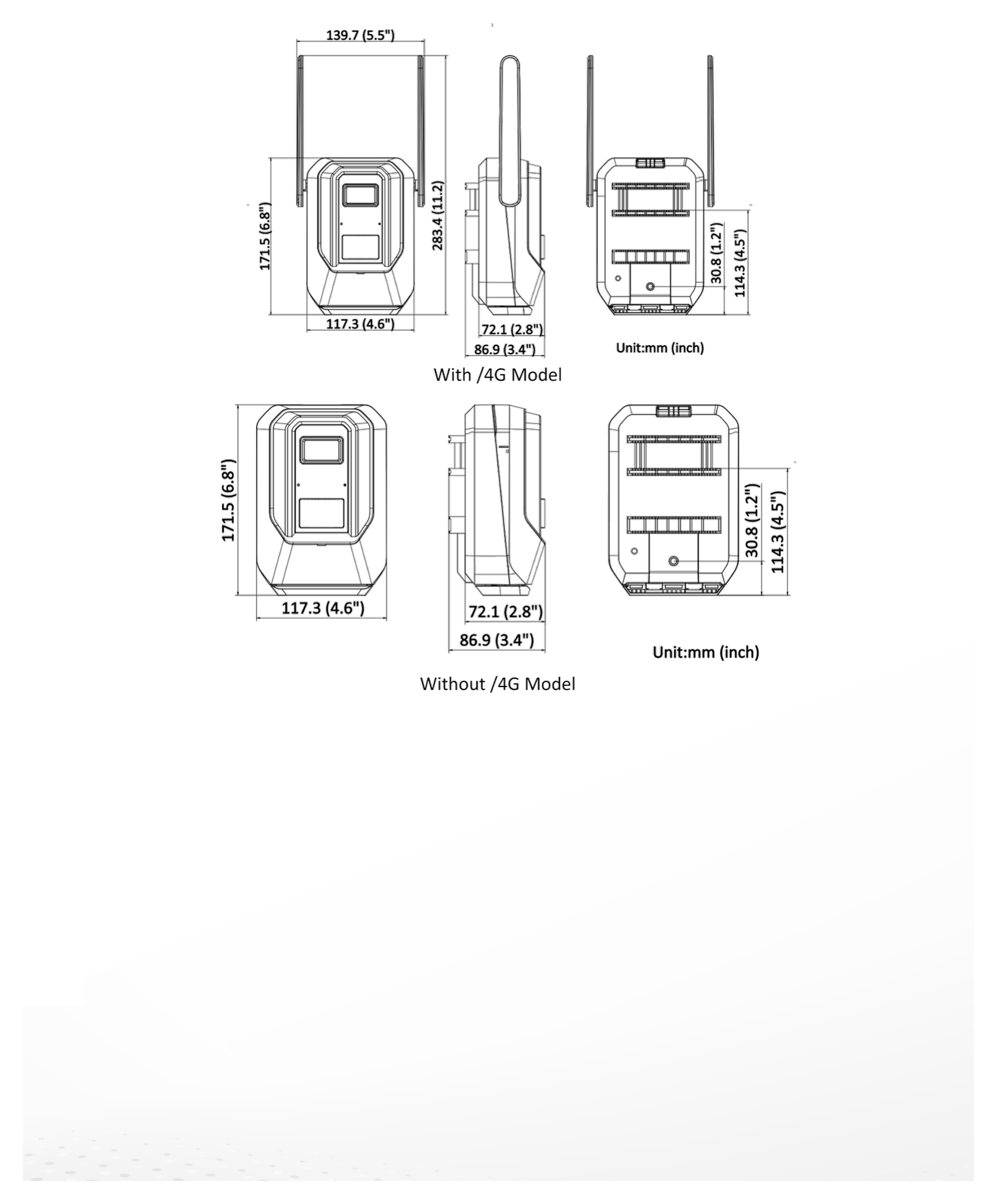 DS-2XS6F45G0-I 外形尺寸圖 × 3.4"), with antennas extending: 283.4 mm × 139.7 mm × 86.9 mm (11.2" × 5.5" × 3.4"); Without /4G model: 171.5 mm × 117